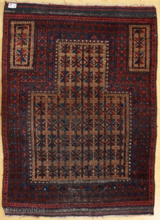 Baluch prayer rug; after 1875; 88 x 122 cm (2`11” x  4`0”); Dochtar-i-Ghazi because of its main border or Timuri because of its main field design?; for the first glance a  ...