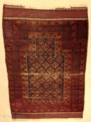 Baluch Timuri-Prayer; second half 19th.c.; 82 x 121 cm; beautiful wool and exceptional colours; apart from corroded black and terrible overused stripe crossing rug in middle an really good and special piece  ...