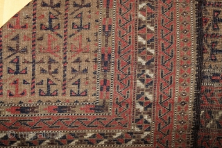 Baluch prayer rug; 86 x 156 cm (2`10“ x 5`2“); around 1900; fragment; apart from condition a very interesting study piece; main field and hand panels are filed with trees of life,  ...