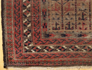 Baluch prayer rug; 86 x 156 cm (2`10“ x 5`2“); around 1900; fragment; apart from condition a very interesting study piece; main field and hand panels are filed with trees of life,  ...
