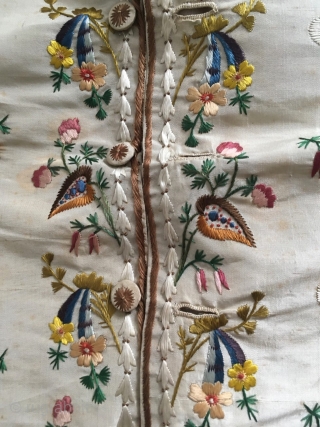 Silk waistcoat with silk hand embroidery, English, c.1770-1790 - a typical design fashionable at the period. In very good condition. The slight marks on the silk show more in the photographs than  ...