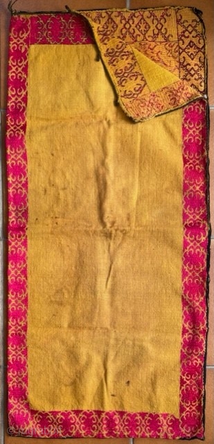 Pashtun cushion cover from the Swat valley (Pakistan) embroidered in floss silk on handwoven cotton. The yellow ground and brilliant pink/red embroidery is a very traditional combination.The face is in good condition,  ...