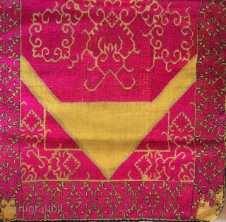 Pashtun cushion cover from the Swat valley (Pakistan) embroidered in floss silk on handwoven cotton. The yellow ground and brilliant pink/red embroidery is a very traditional combination.The face is in good condition,  ...