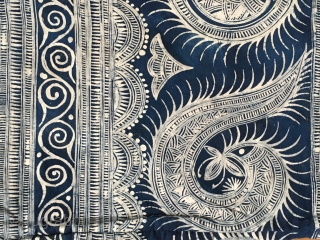 Indigo and white hand drawn batik robe from the Ge minority of the Miao people of SW China. Both the robe and the plain inner lining are pure cotton and the designs  ...