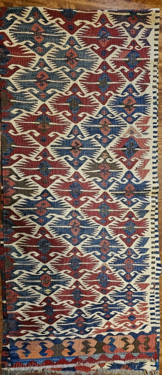 Beautiful Anatolian kilim, one of two panels sewn originally together Great colors, Cotton white 300 x 64 cm, Good Condition Bought in Istanbul in 1995 igo.licht@gmail.com       