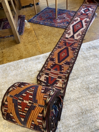 Monumental Yomud Turkmen tent band. Undoubtedly in the top 5% of known examples. Complete and untouched. Plus, has to be the world's longest. Aproximetely, 1-1" x 61'-1"/ 32.5 x 1830cm. Circa 1900  ...