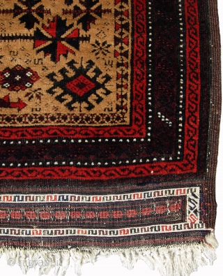 Really great & exceptionally rare, small format, camel ground Baluch prayer rug in very good/ excellent condition. There is some very minor re piling in the field & minor pucker wear due  ...