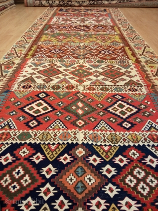 4'8'' x 13'5'' / 145cm x 410cm
An Awesome late 19th century Antique Anatolian Sivas Kilim with beatiful dyes.
https://www.instagram.com/carpetusrugs/               