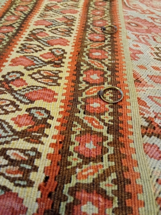 4'3" x 6'6" / 130 cm x 200 cm An Antique persian Senneh Kilim finely woven by Kurds who live in or around the town of Senneh in western Iran, at the  ...