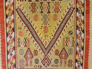 3'4'' x 5'9'' / 104cm x 177cm
An Antique Prayer Helvaci Kilim woven by Helvaci nomads in 1930s, From west Anatolia. It's paper-thin and it has perfect condition.      