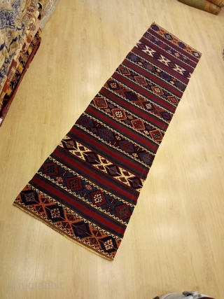 2'6'' x 9'6'' / 77cm x 290cm An over hundred years old Cihanbeyli Kurdish kilim from central Anatolia, Konya province.

https://www.instagram.com/p/CgygHnjMu-S/             