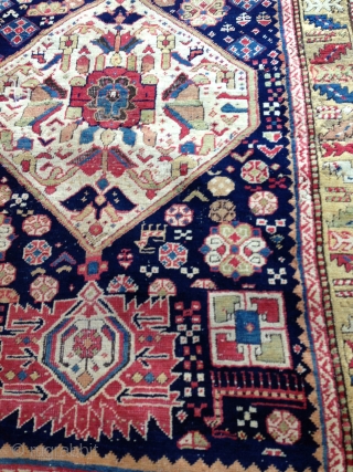 Superb Sahsavan Main Rug from 1850. Fantastic vivid color with lovely abrashed yellow field border. 10' ft x 3' 10''             