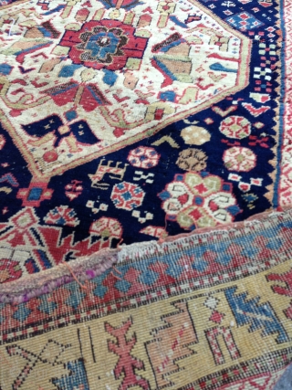 Superb Sahsavan Main Rug from 1850. Fantastic vivid color with lovely abrashed yellow field border. 10' ft x 3' 10''             