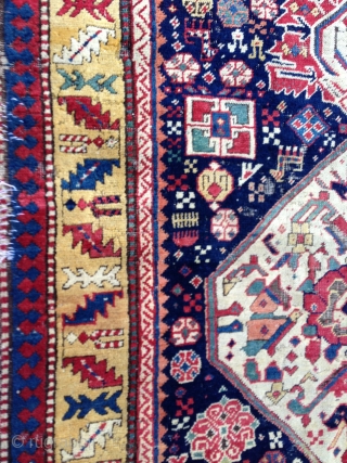 Superb Sahsavan Main Rug from 1850. Fantastic vivid color with lovely abrashed yellow field border. 10' ft x 3' 10''             