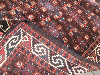 Antique jomud main carpet 1890-1910? Older?
190 x 290 cm 
Allmost full pile and original sidecords(small wear only shown in one photo) 
One corner has small damage. 
Nice colors. the blue is extra  ...