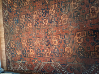 Real antique very oldish looking Ersari main carpet: 2m x260cm , wear but still ornaments visible. 
Very oldish secondary göl( sothebys statement about it). the borders are  oldish style as well,  ...