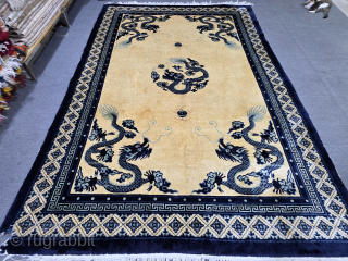 Antique Chinese rug with dragons in ivory and blue colors.
Size:273x187 cm
Please contact salaberina@gmail.com 
The stake quality is very good. There is a small area that needs repair. I can repair it if  ...