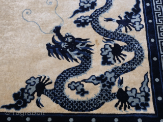 Antique Chinese rug with dragons in ivory and blue colors.
Size:273x187 cm
Please contact salaberina@gmail.com 
The stake quality is very good. There is a small area that needs repair. I can repair it if  ...
