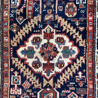 Antique Shasavan rug, 220x109cm, 1850 - 1870, glorious colours, glossy wool, exceptional border. Old repairs, cut and shut, fringes are not original, cotton warps, salmon red wefts.      