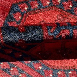 Antique Ersari rug, 284x234cm, glowing, saturated colours, with beautifully drawn and unusually simple secondary gols. Lots of lazy lines, goat hair warps. Condition as to be seen, mostly good pile, some areas  ...