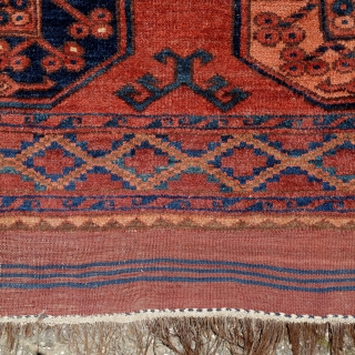 Looking for a good home to add warmth and character....

Ersari main carpet,300x220cm, circa 1900, with original kilim ends,all natural colours, an old minor repair, some wear, in need of a tender wash.Selvedges  ...