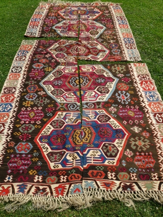 Antique Nigde kilim, mid to last quarter of 19th century, 350X160cm. Fabulous, saturated colours, lustrous wool. Alas it has been cut in the middle to be used as 4 fragments, some tiny  ...