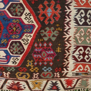 Antique Nigde kilim, mid to last quarter of 19th century, 350X160cm. Fabulous, saturated colours, lustrous wool. Alas it has been cut in the middle to be used as 4 fragments, some tiny  ...