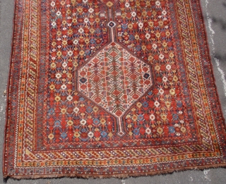 Monumental Kamseh rug, 14'7" x 6'4", good colors, shiny wool, near full pile, small areas of expert Turkish repair.              