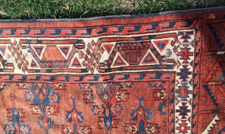 Yomud kepse gul main carpet.  Full velvety pile, original sides and ends, no restoration. 5'4" x 9'6".  Two small palm size stains (see second image) that I suspect will come  ...