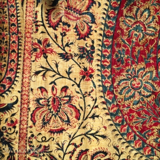 Persian or Indian block print textile, 19th Century. 3'9" x 6'3". Delicate drawing, wonderful natural colors, clean with no stains.  Generally good condition, with a few very fine pinholes (see tiger  ...