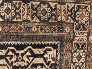 Late 19th Century Konaghend. Desirable Kufic border. Selvages and ends replaced. Overall wear consistent with age. Field is in good shape. Wear is most visible on minor borders. 145 x 122 cm  ...