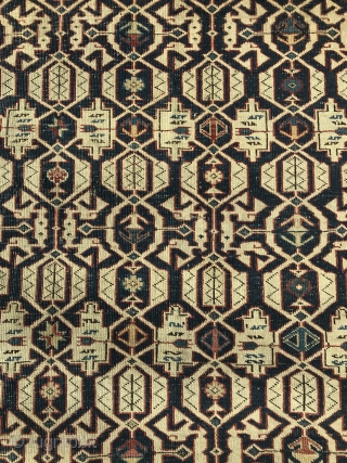 Late 19th Century Konaghend. Desirable Kufic border. Selvages and ends replaced. Overall wear consistent with age. Field is in good shape. Wear is most visible on minor borders. 145 x 122 cm  ...