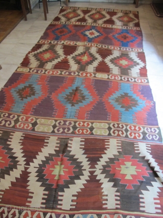 Central Anatolian kilim,woven in one piece ,mid 19th  ,all dyes natural and abrashed,the light green hue is not sulphonic if you look carefully blue is peaking through  , light and  ...