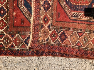 Reposted.  1880's or 90's Kazak 3'6" x5'10", served three generations in the family.  Reduced on sides, and wear in the field.  No holes; might be a candidate for restoration.  ...