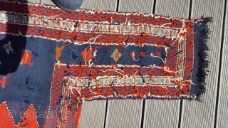 Beautiful Caucasian verneh horse saddle cover ,ca. 1910 ( swiss dealer certificate 2007)with 3 caravans
152 x 148 cm ,wool on wool ,good condition,with rings for hanging       