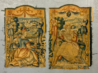 Pair Franco-Flemish late 16th cent tapesry panels in wool and silk removed from the border from what must have been an important and monumental tapestry. 

The attendant figures on each side of  ...