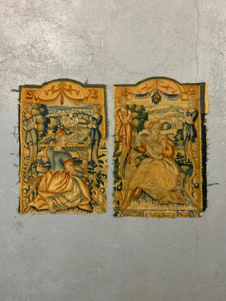 Pair Franco-Flemish late 16th cent tapesry panels in wool and silk removed from the border from what must have been an important and monumental tapestry. 

The attendant figures on each side of  ...