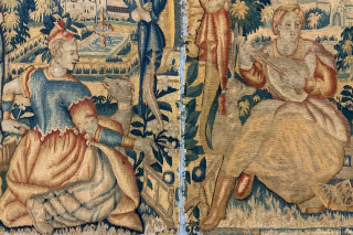 Pair Franco-Flemish late 16th cent tapesry panels in wool and silk removed from the border from what must have been an important and monumental tapestry. 

The attendant figures on each side of  ...