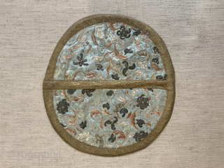 Chinese antique embroidery roundal made from what was likely a luxury export bedcover this exquisite small embroidery is done in gold wire and silk embroidery onto silk. Enhanced with a gilt braid  ...