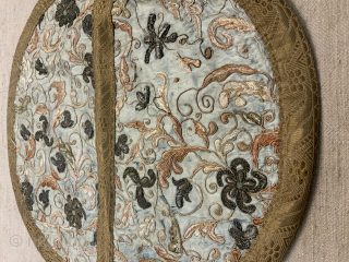 Chinese antique embroidery roundal made from what was likely a luxury export bedcover this exquisite small embroidery is done in gold wire and silk embroidery onto silk. Enhanced with a gilt braid  ...