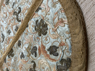 Chinese antique embroidery roundal made from what was likely a luxury export bedcover this exquisite small embroidery is done in gold wire and silk embroidery onto silk. Enhanced with a gilt braid  ...