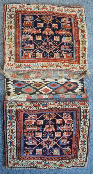 Colorful complete pair of Shah Sevan piled bags c1875 no restoration.                      