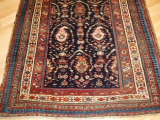 Antique South Caucasian Kurdish or Shahsavan runner, with all over boteh and shrub design. www.knightsantiques.co.uk 

Size: 12ft 11in x 3ft 11in (394 x 120cm). 

Circa 1880.

The indigo field is filled with large  ...