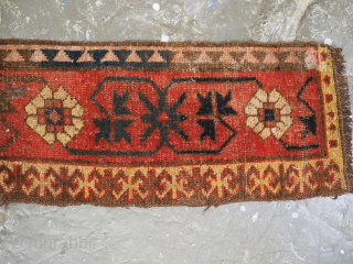 A rare antique fragment of a piled Kyrgyz tent band, these are known locally as 'tegerich'.
Size: 5ft 9in x 10in (175 x 25cm).
2nd half 19th century.

This example is the end section of  ...