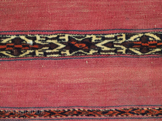 Antique Tekke Turkmen 'Kizil' chuval with a traditional banded design in mixed techniques.
Size: 4ft 3in x 2ft 8in (130 x 81cm).
Circa 1880.
Chuval are storage bags used by the Turkmen nomads for the ...