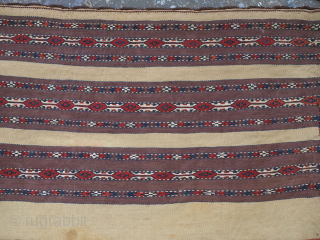 Antique Yomut Turkmen mafrash / torba in banded flatweave design.
Size: 2ft 7in x 1ft 5in (79 x 44cm) face size.
Circa 1900.

This small bag would have been used for the storage of personal  ...