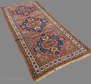 Antique Caucasian soumak carpet of three medallion design, excellent condition with superb colour.
Size: 370 x 182cm (12ft 2in x 6ft 0in).
Circa 1900.

This soumak is of the classic three medallion format, the small  ...