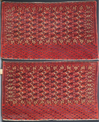 A pair of Antique Tekke Turkmen chuval with 'Aina' guls. www.knightsantiques.co.uk 
Size: 4ft 0in x 2ft 6in (122 x 75cm) approximate size of each face.
Mid 19th century.

An exceptional pair of chuval faces  ...