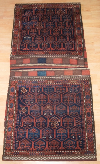 Antique Timuri Baluch complete khorjin (pair of saddle bags). www.knightsantiques.co.uk Size: Opened 9ft 6in x 2ft 2in (290 x 67cm). Face size about 67 x 75cm. 

Late 19th century.

This really outstanding Khorjin  ...