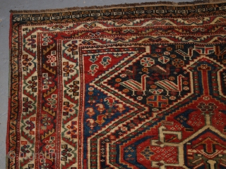A good Antique Tribal Qashqai rug, triple linked medallion design with superb colour. www.knightsantiques.co.uk Size: 6ft 9in x 4ft 4in (206 x 133cm). 

Late 19th century.

A very pleasing rug with three linked  ...